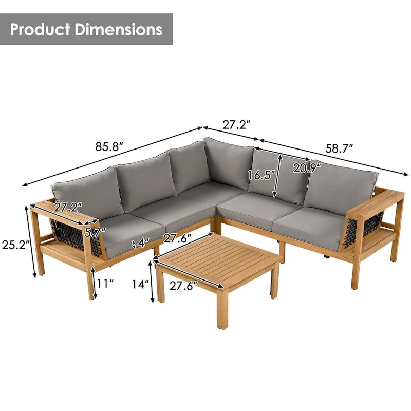 Ensemble de canapé d'angle en L 4 pièces en bois d'acacia pour l'extérieur, avec table basse et table d'appoint.