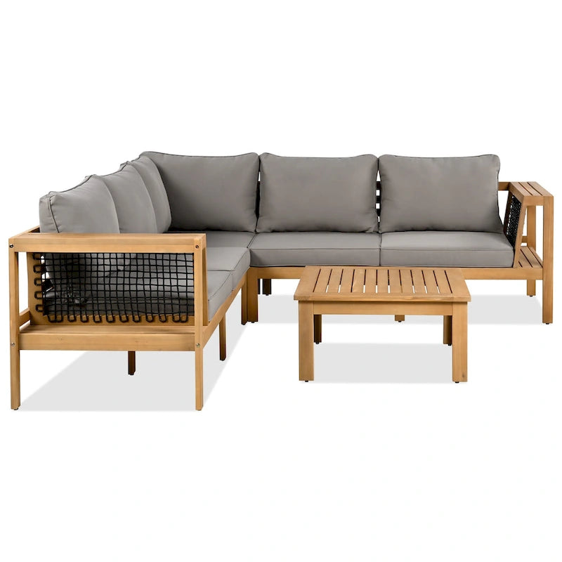 Ensemble de canapé d'angle en L 4 pièces en bois d'acacia pour l'extérieur, avec table basse et table d'appoint.