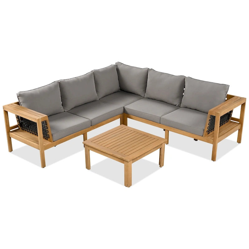Ensemble de canapé d'angle en L 4 pièces en bois d'acacia pour l'extérieur, avec table basse et table d'appoint.