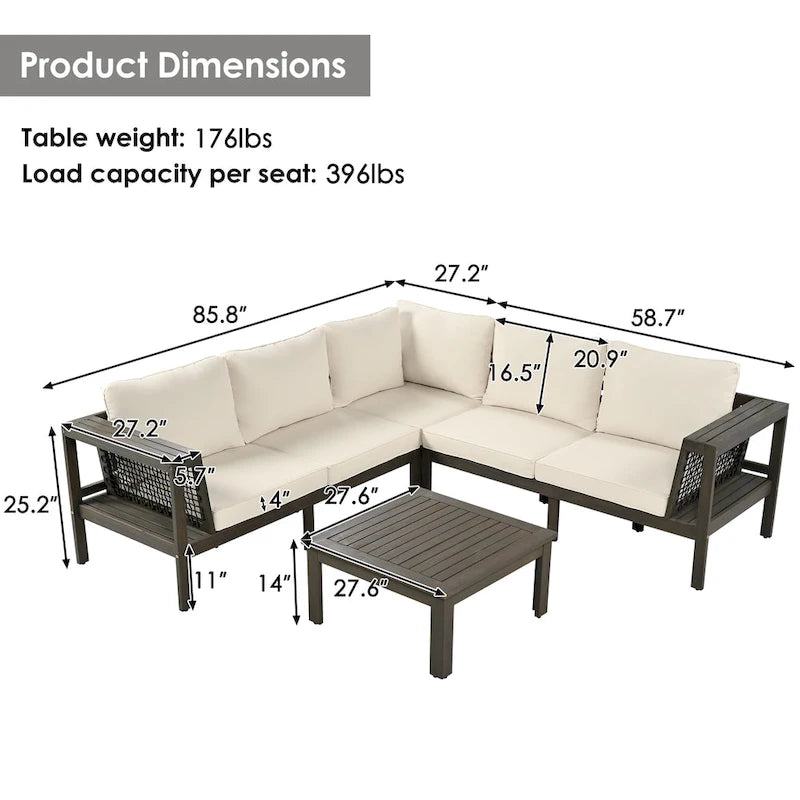 Ensemble de canapé d'angle en L 4 pièces en bois d'acacia pour l'extérieur, avec table basse et table d'appoint.