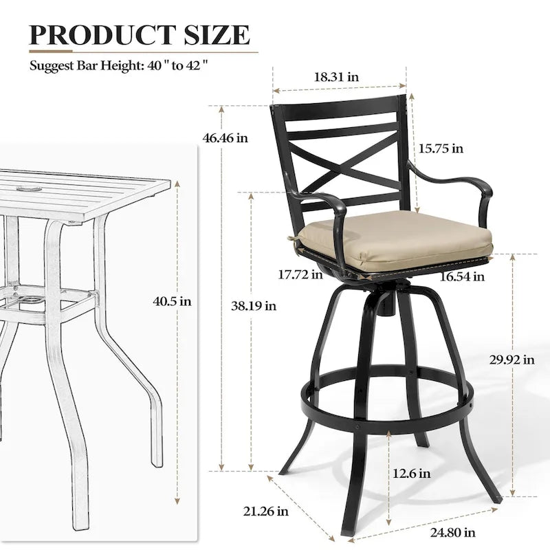 Ensemble table et tabourets de bar pivotants en aluminium pour patio extérieur (3 ou 5 pièces).