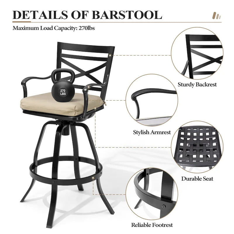 Ensemble table et tabourets de bar pivotants en aluminium pour patio extérieur (3 ou 5 pièces).