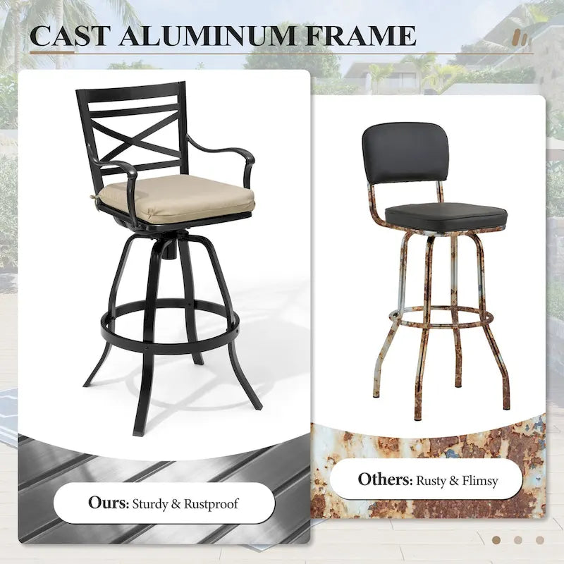 Ensemble table et tabourets de bar pivotants en aluminium pour patio extérieur (3 ou 5 pièces).