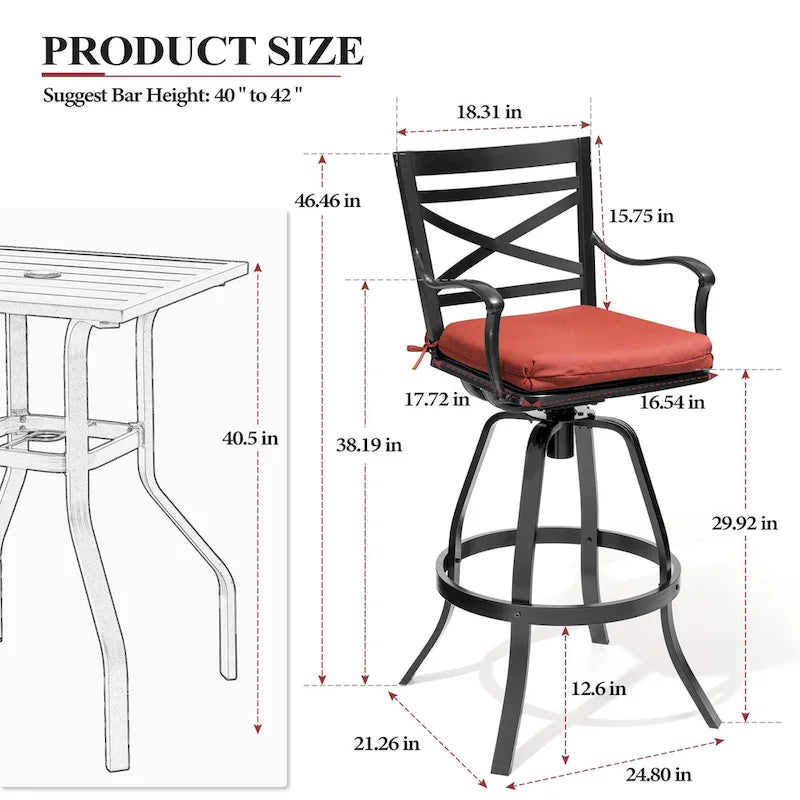 Ensemble table et tabourets de bar pivotants en aluminium pour patio extérieur (3 ou 5 pièces).
