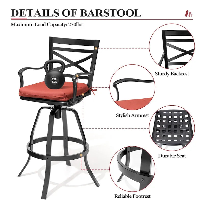 Ensemble table et tabourets de bar pivotants en aluminium pour patio extérieur (3 ou 5 pièces).