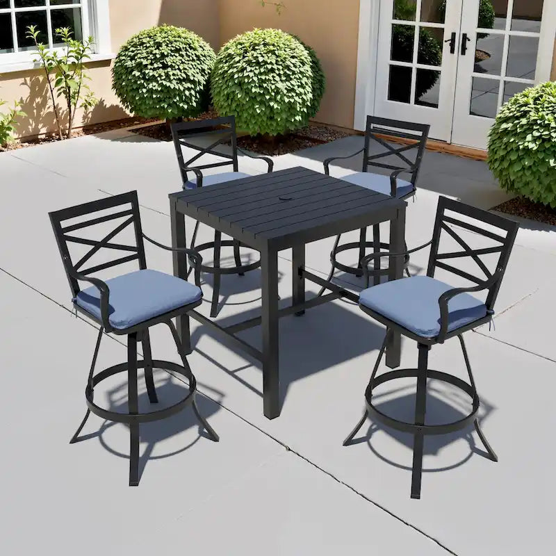Ensemble table et tabourets de bar pivotants en aluminium pour patio extérieur (3 ou 5 pièces).