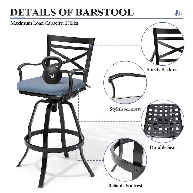 Ensemble table et tabourets de bar pivotants en aluminium pour patio extérieur (3 ou 5 pièces).
