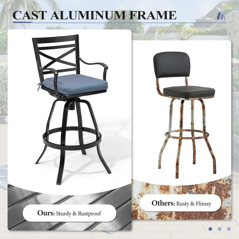 Ensemble table et tabourets de bar pivotants en aluminium pour patio extérieur (3 ou 5 pièces).