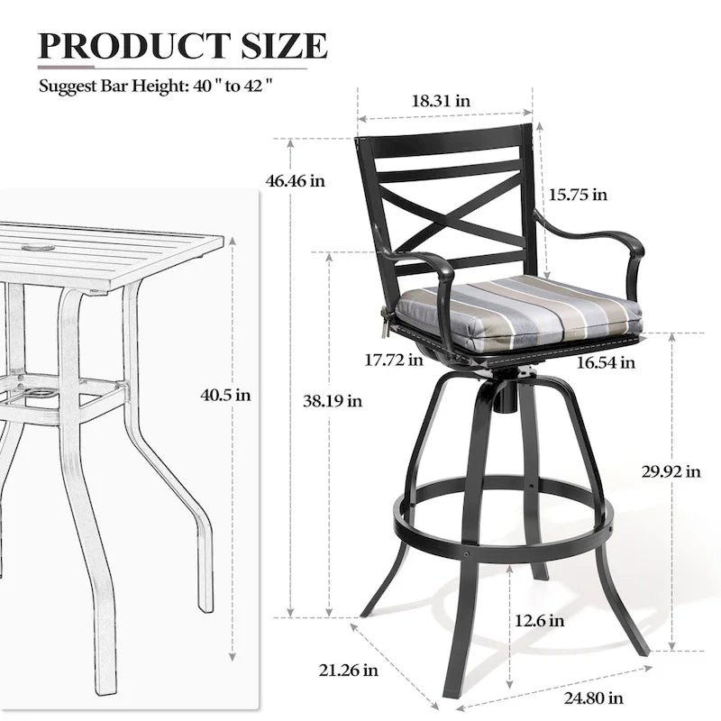 Ensemble table et tabourets de bar pivotants en aluminium pour patio extérieur (3 ou 5 pièces).