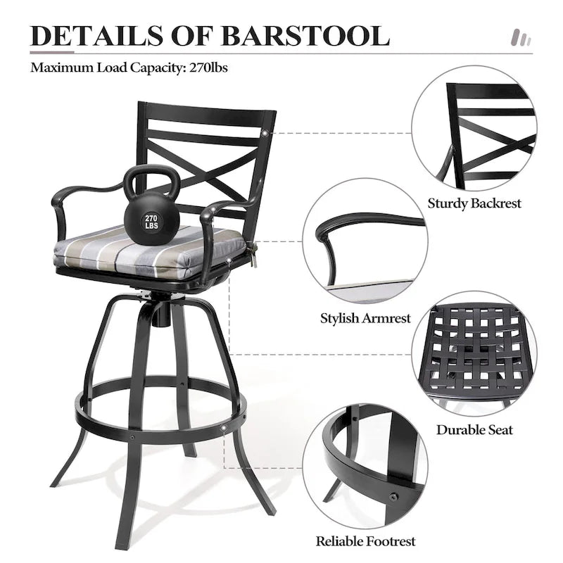 Ensemble table et tabourets de bar pivotants en aluminium pour patio extérieur (3 ou 5 pièces).