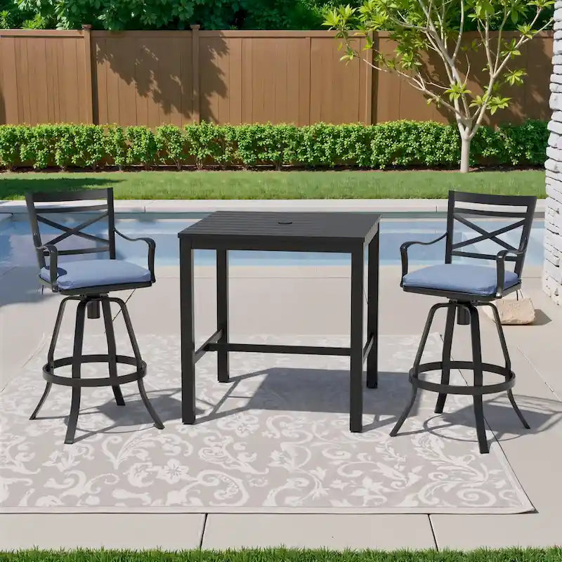 Ensemble table et tabourets de bar pivotants en aluminium pour patio extérieur (3 ou 5 pièces).