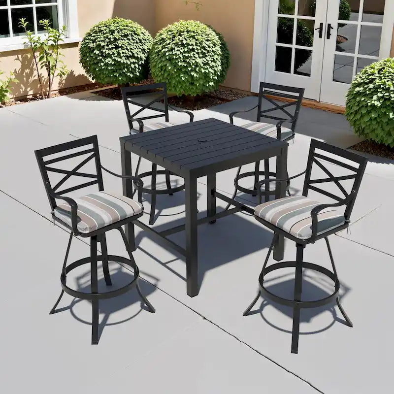 Ensemble table et tabourets de bar pivotants en aluminium pour patio extérieur (3 ou 5 pièces).
