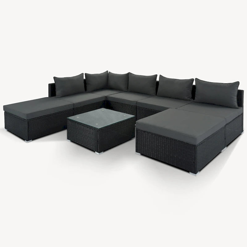 Ensemble de canapé d'angle d'extérieur en résine tressée 8 pièces avec table basse et coussins