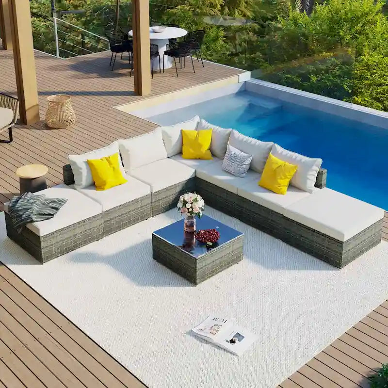 Ensemble de canapé d'angle d'extérieur en résine tressée 8 pièces avec table basse et coussins