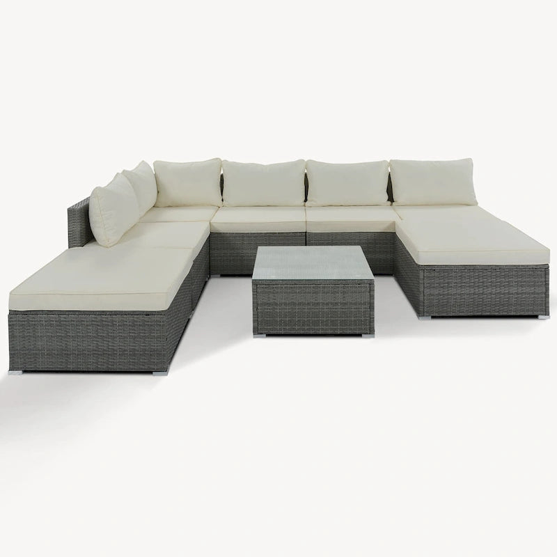 Ensemble de canapé d'angle d'extérieur en résine tressée 8 pièces avec table basse et coussins