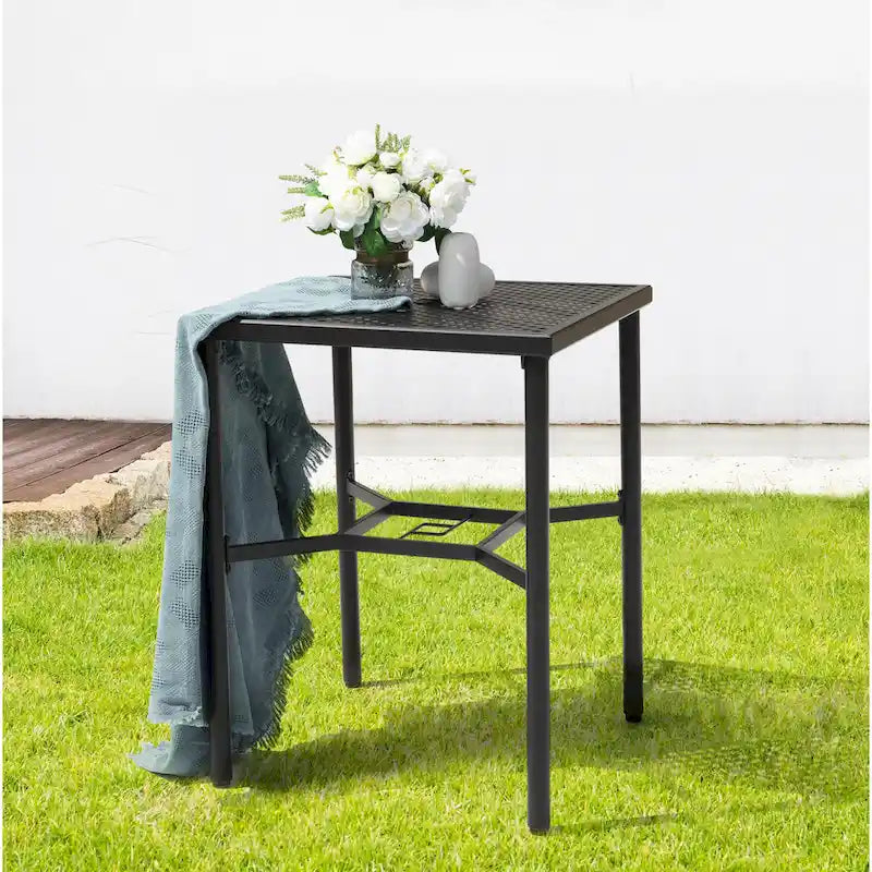 Outdoor 28 Inch Square Bar Table with Mesh Top and 1.57-Inch Umbrella Hole