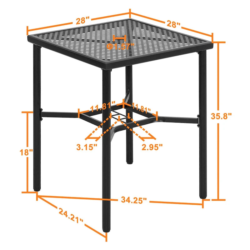 Table de bar carrée d'extérieur de 71 cm (28 pouces) avec plateau en maille et trou pour parasol de 4 cm (1,57 pouce).