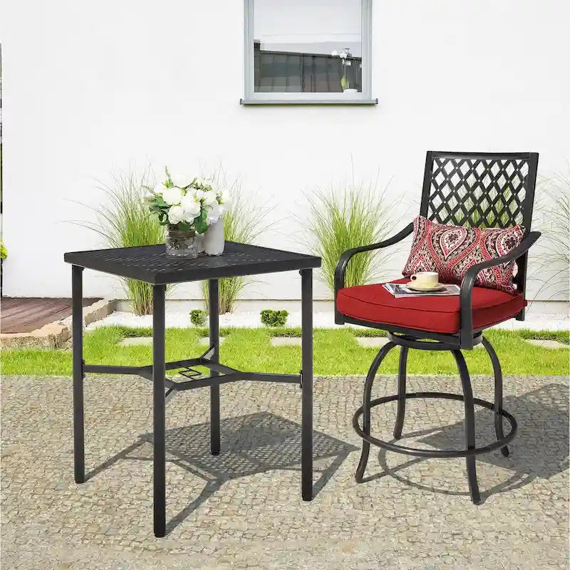 Table de bar carrée d'extérieur de 71 cm (28 pouces) avec plateau en maille et trou pour parasol de 4 cm (1,57 pouce).