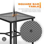 Table de bar carrée d'extérieur de 71 cm (28 pouces) avec plateau en maille et trou pour parasol de 4 cm (1,57 pouce).