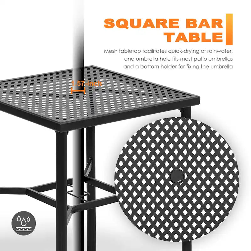 Table de bar carrée d'extérieur de 71 cm (28 pouces) avec plateau en maille et trou pour parasol de 4 cm (1,57 pouce).