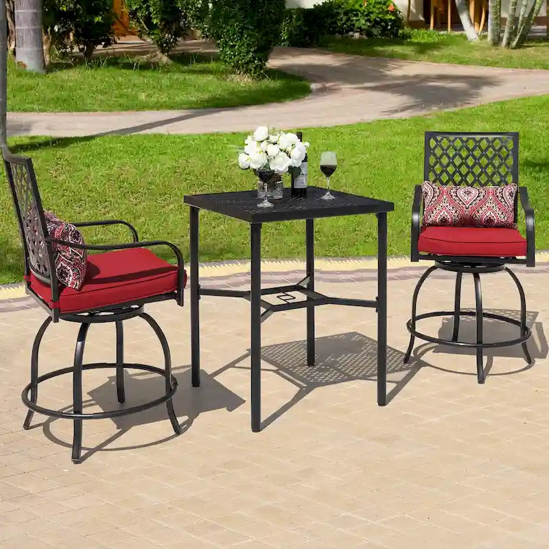 Table de bar carrée d'extérieur de 71 cm (28 pouces) avec plateau en maille et trou pour parasol de 4 cm (1,57 pouce).