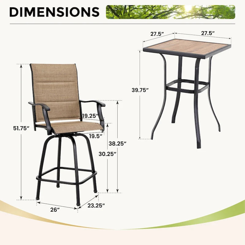 Ensemble table et tabourets de bar pivotants rembourrés 3 pièces Namota par Havenside Home