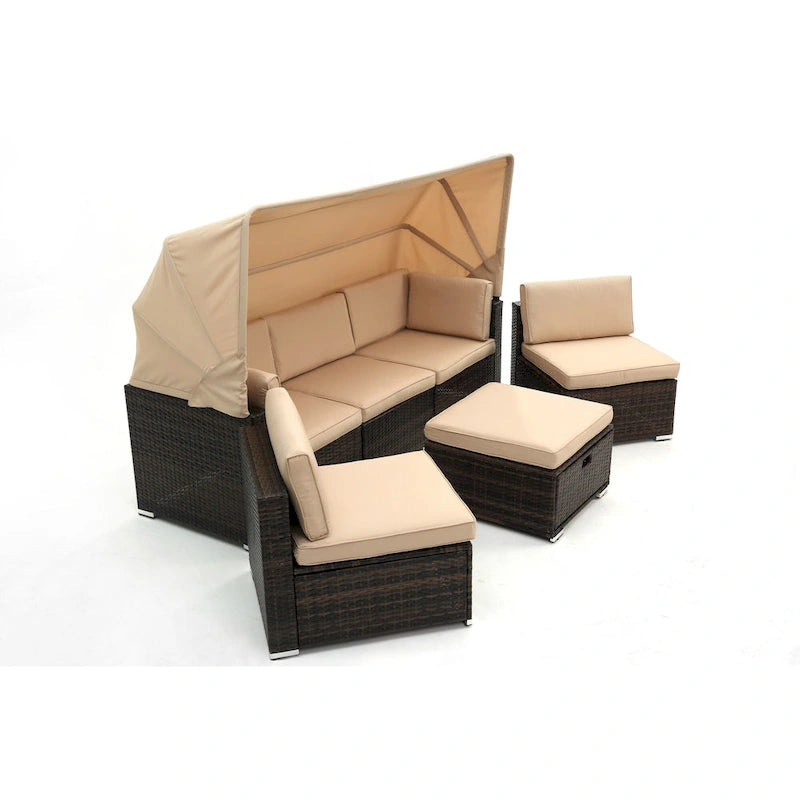 Canapé d'angle rectangulaire/rond en rotin/osier d'extérieur HOMEFUN avec coussins et auvent rétractable