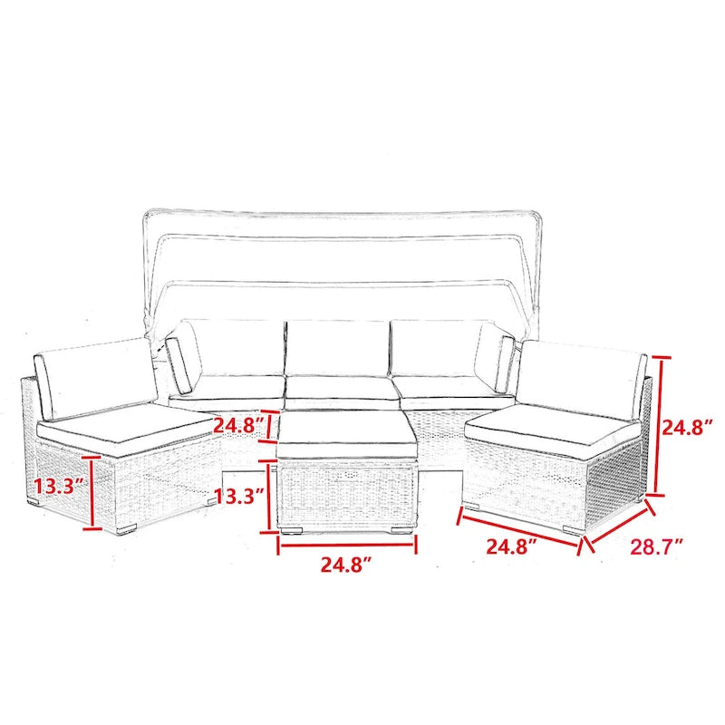 Canapé d'angle rectangulaire/rond en rotin/osier d'extérieur HOMEFUN avec coussins et auvent rétractable