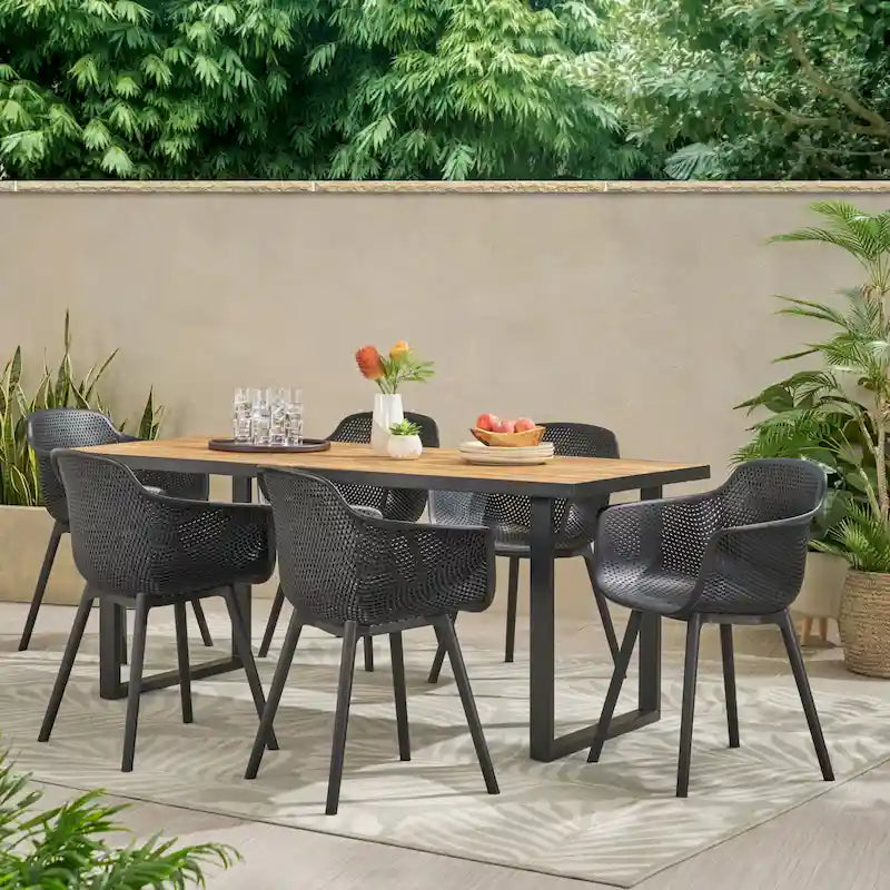 Ensemble de salle à manger d'extérieur Lotus en bois et résine, 7 pièces, par Christopher Knight Home