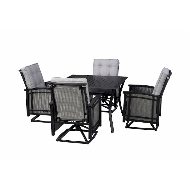 Ensemble de salle à manger d'extérieur Palmetto pivotant à bascule 5 pièces en aluminium et osier avec coussins - Non disponible