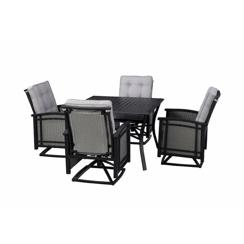 Ensemble de salle à manger d'extérieur Palmetto pivotant à bascule 5 pièces en aluminium et osier avec coussins - Non disponible