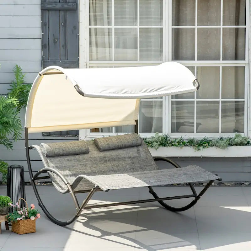Chaise longue d'extérieur double Outsunny, transat avec auvent, coussin appui-tête et accoudoirs