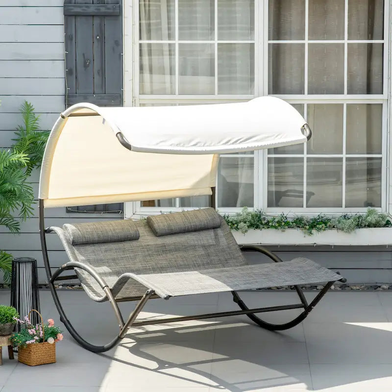 Outsunny Outdoor Double Chaise Rocking Chair, Day Bed Sun Lounger with Canopy Shade, Headrest Pillow, Armrests
