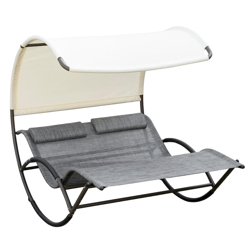 Chaise longue d'extérieur double Outsunny, transat avec auvent, coussin appui-tête et accoudoirs