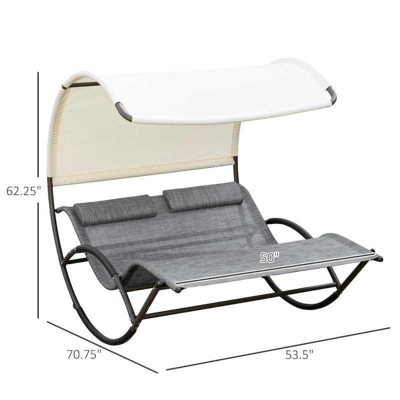 Chaise longue d'extérieur double Outsunny, transat avec auvent, coussin appui-tête et accoudoirs