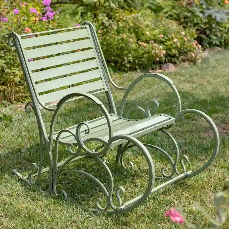 Fauteuil à bascule Monte Carlo 1968 en fer vert antique - 62 cm (L) x 107 cm (l) x 93 cm (H)