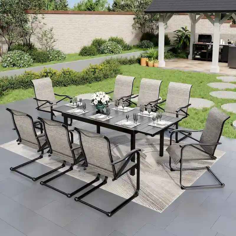 Ensemble de salle à manger 9 pièces, 1 table extensible en métal et 8 chaises en textilène à ressort