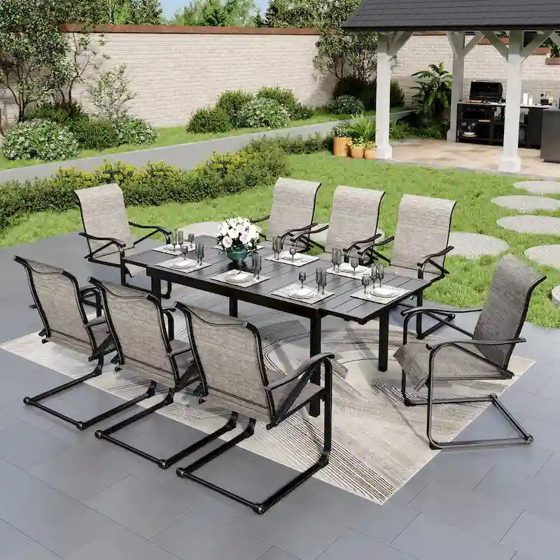 9-Piece Dining Set, 1 Extendable MetalTable and 8 Spring Motion Textilene Chairs