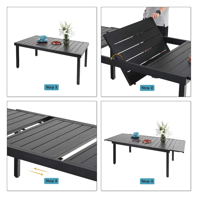 Ensemble de salle à manger 9 pièces, 1 table extensible en métal et 8 chaises en textilène à ressort