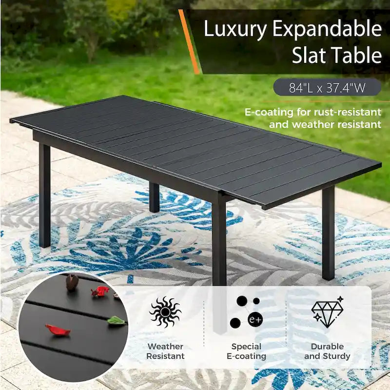 Ensemble de salle à manger 9 pièces, 1 table extensible en métal et 8 chaises en textilène à ressort