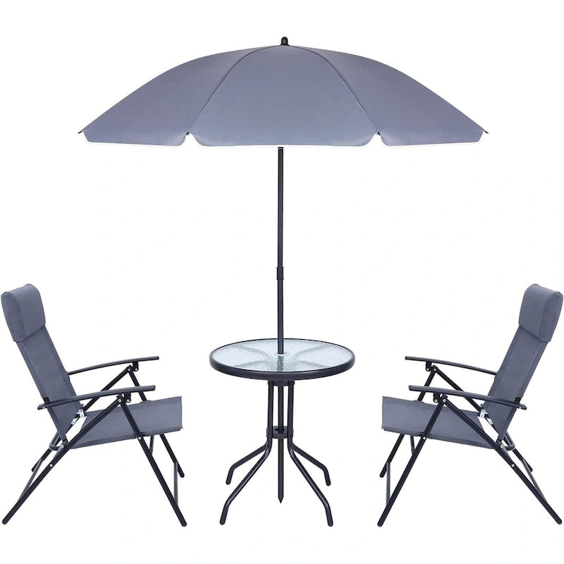 4 Piece Patio Dining Set, Garden Furniture Bistro Set with Tilted Removable Umbrella, 2 Folding Chairs, Round Glass Table (Grey)