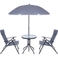 4 Piece Patio Dining Set, Garden Furniture Bistro Set with Tilted Removable Umbrella, 2 Folding Chairs, Round Glass Table (Grey)