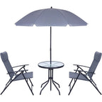 4 Piece Patio Dining Set, Garden Furniture Bistro Set with Tilted Removable Umbrella, 2 Folding Chairs, Round Glass Table (Grey)