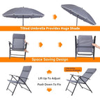 Ensemble de salle à manger de patio 4 pièces, ensemble de mobilier de jardin de style bistro avec parasol inclinable amovible, 2 chaises pliantes, table ronde en verre (gris)