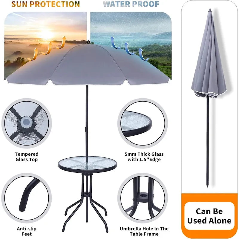 Ensemble de salle à manger de patio 4 pièces, ensemble de mobilier de jardin de style bistro avec parasol inclinable amovible, 2 chaises pliantes, table ronde en verre (gris)