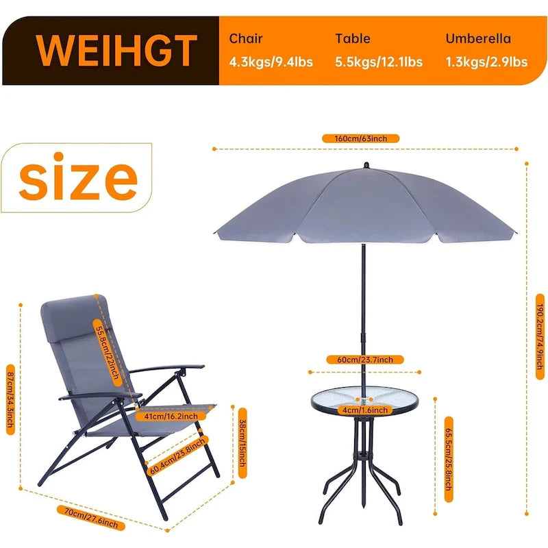 Ensemble de salle à manger de patio 4 pièces, ensemble de mobilier de jardin de style bistro avec parasol inclinable amovible, 2 chaises pliantes, table ronde en verre (gris)
