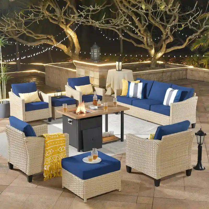 HOOOWOOO 8-piece Patio Wicker Rattan Conversation Set with Multifunctional Fire Pit Table