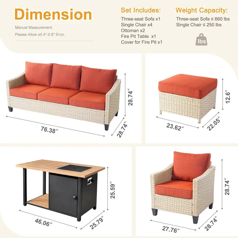 Ensemble de conversation HOOOWOOO 8 pièces en rotin tressé avec table foyer multifonctionnelle