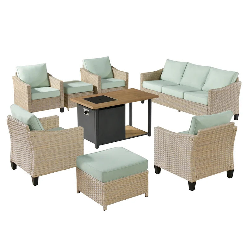 Ensemble de conversation HOOOWOOO 8 pièces en rotin tressé avec table foyer multifonctionnelle