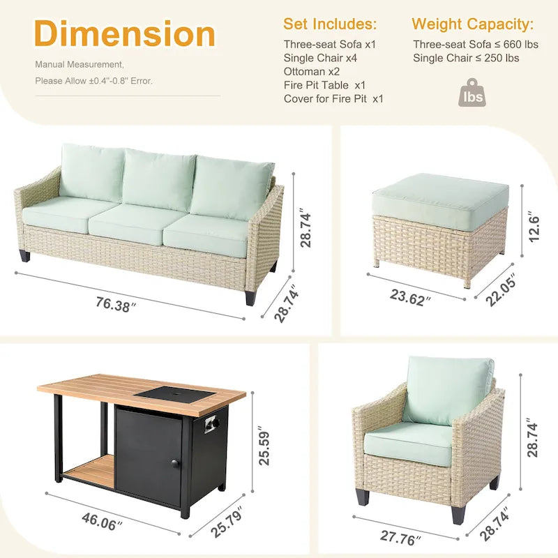 Ensemble de conversation HOOOWOOO 8 pièces en rotin tressé avec table foyer multifonctionnelle